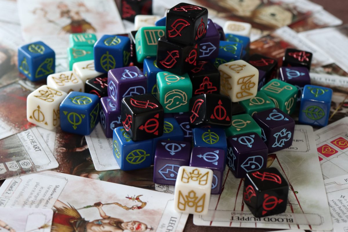 A pile of colourful dice